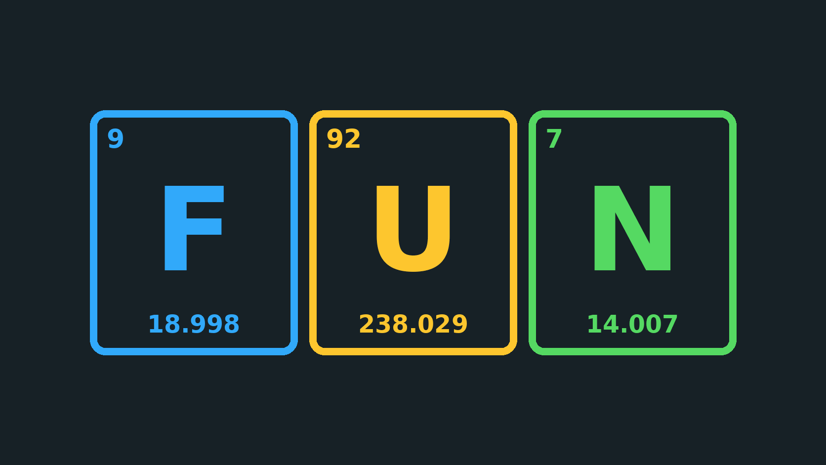 FUN spelled with colorful periodic-table element tiles on a dark background